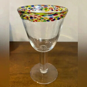 Mexican? 12 Oz Confetti Rim Goblet or Wine Glass Hand Blown Block Eclipse